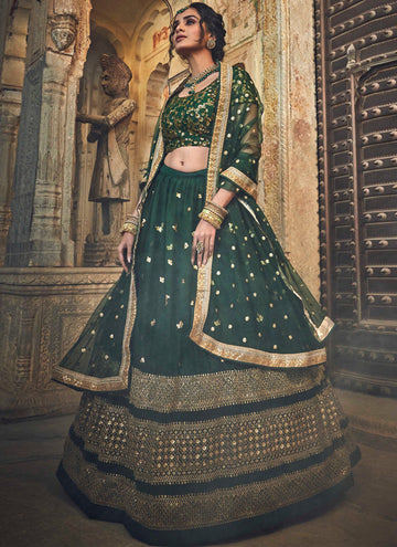 Soft Net Dark Green Embroidered Work Lehenga Choli For Wedding